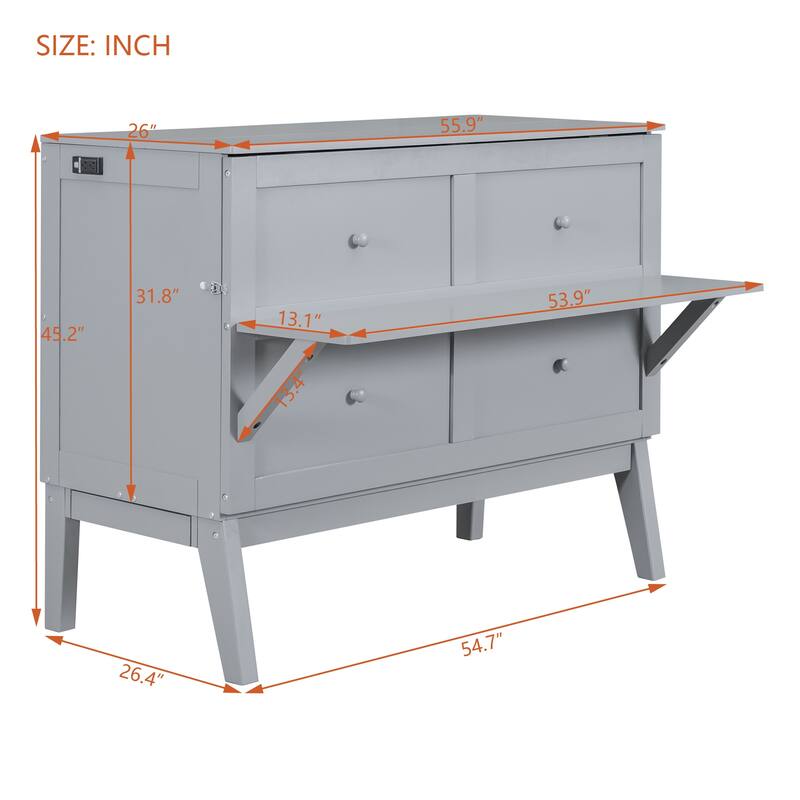 Full Size Murphy Bed Cabinet Bed with USB Port and Removable Shelves on Each Side, Two Movable Desks
