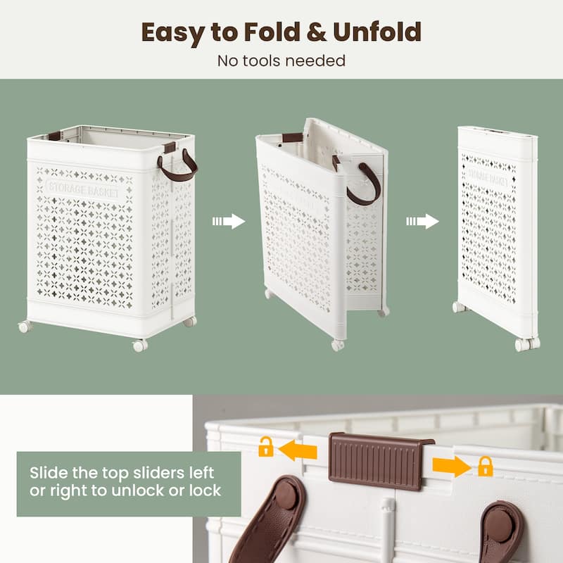 White 20 Gallon Large Capacity Foldable Laundry Clothes Basket with Wheels and Small Hanging Bin - 17" x 13.5" x 24"