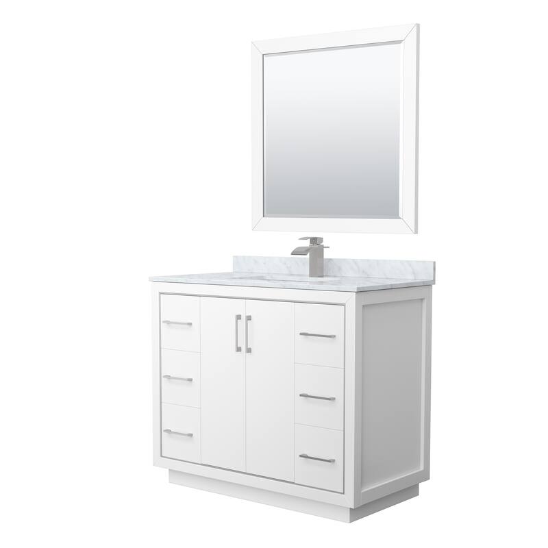 Icon Single Vanity Set, White Carrara Marble Top, 34-Inch Mirror - White, Nickel Trim, White Carrara Marble Top