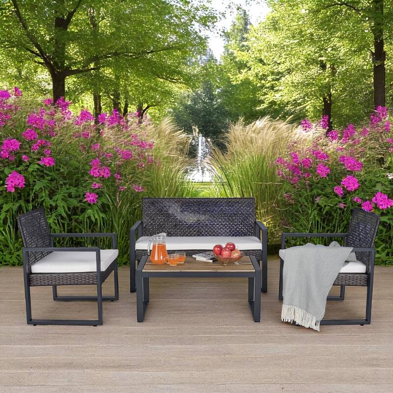 4-Piece Outdoor Patio Furniture Set with Rattan - Includes Double Chair, 2 Single Chairs, Coffee Table,Garden Conversation Set - Brown