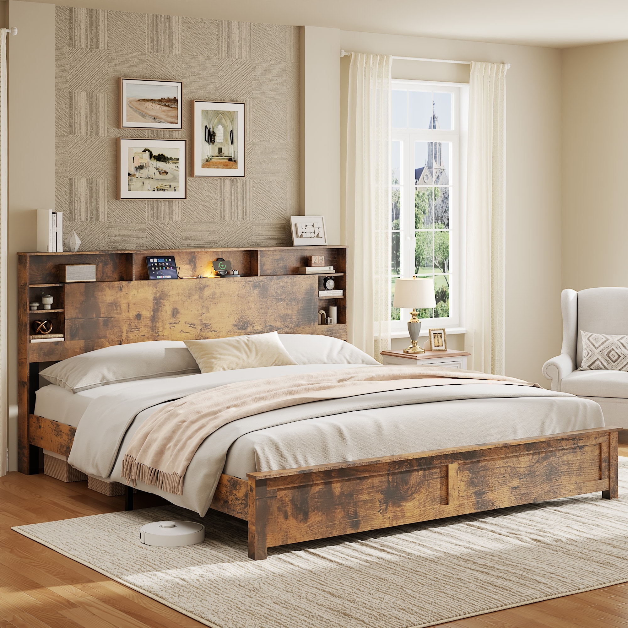 King Size Bed Frame with Storage Headboard, Wood Platform Bed Frame with Charging Station, LED Lights & Bookcase