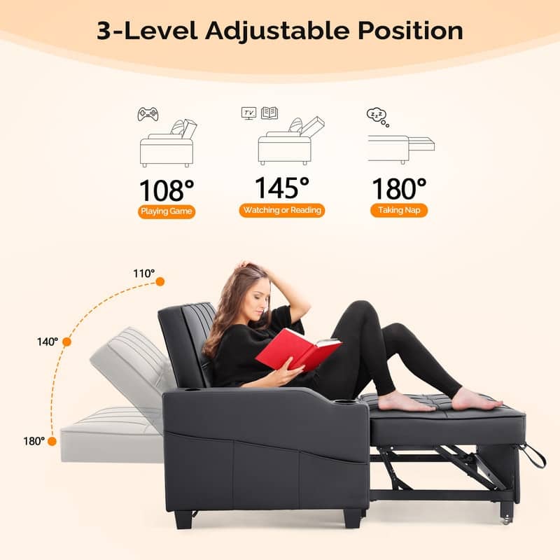 Upholstered Cat's Claw Leather Convertible Reclining Sleeper Sofa Bed With Cushions For Small Spaces