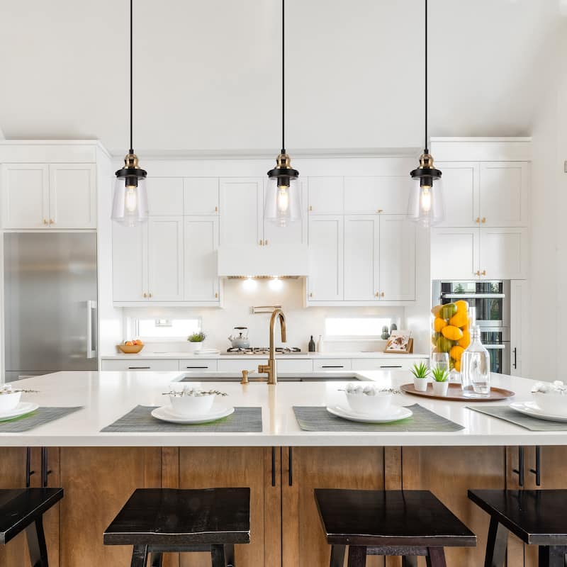 Cozia Farmhouse Mini Black Gold Pendant Light Industrial Linear Lighting Fixture with Clear Glass