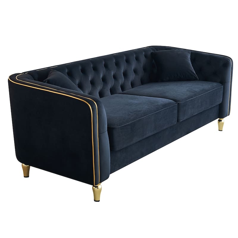 87.01" Velvet Corduroy Modern Classic 3-Seater Sofa with Solid Pine Wood Frame, Includes 2 Throw Pillows
