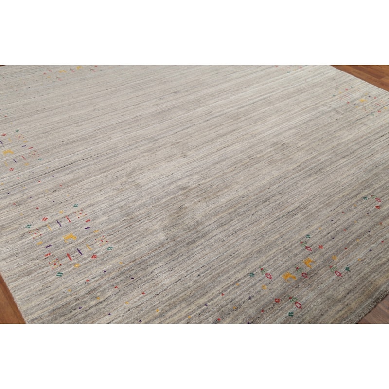 Striped Tribal Gabbeh Indian Square Area Rug Hand-Knotted Wool Carpet - 8'0"x 7'11"