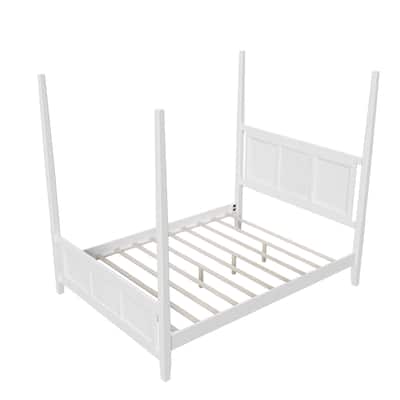 Elegant White Queen Four Poster Bed with Solid Pine Wood, 75" Height and Horizontal Grille Design