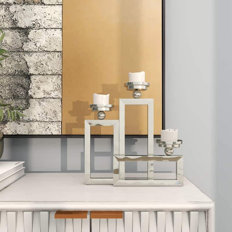 Silver Stainless Steel Metal Open Frame Geometric Candelabra with Overlapping Rectangles