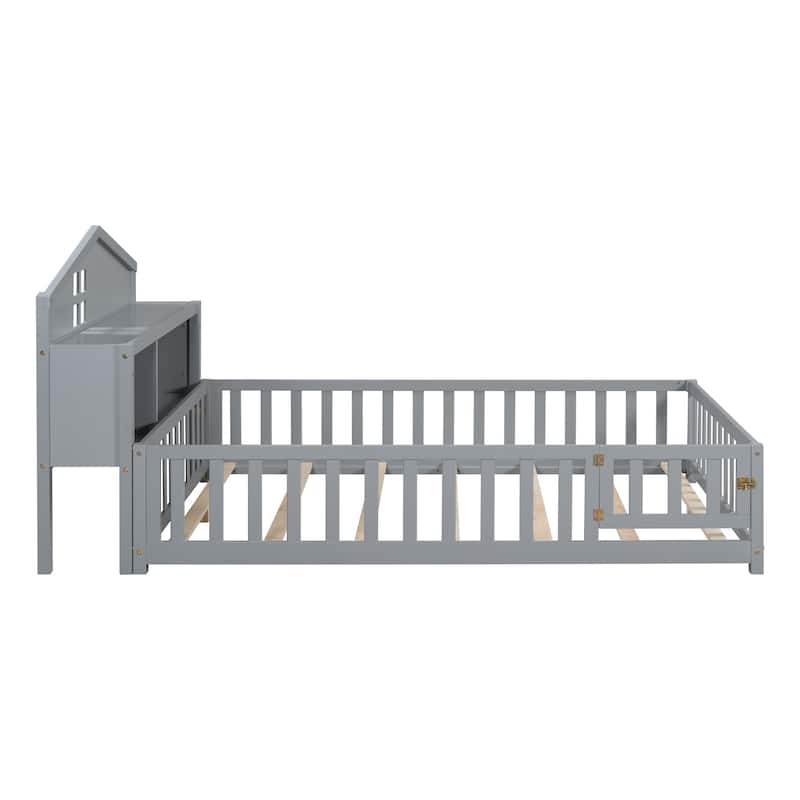 Full Size Plywood Montessori Floor Bed with Bookcases, Blackboards, Guard rails, Solid Wood Floor Beds and Storage Headboards