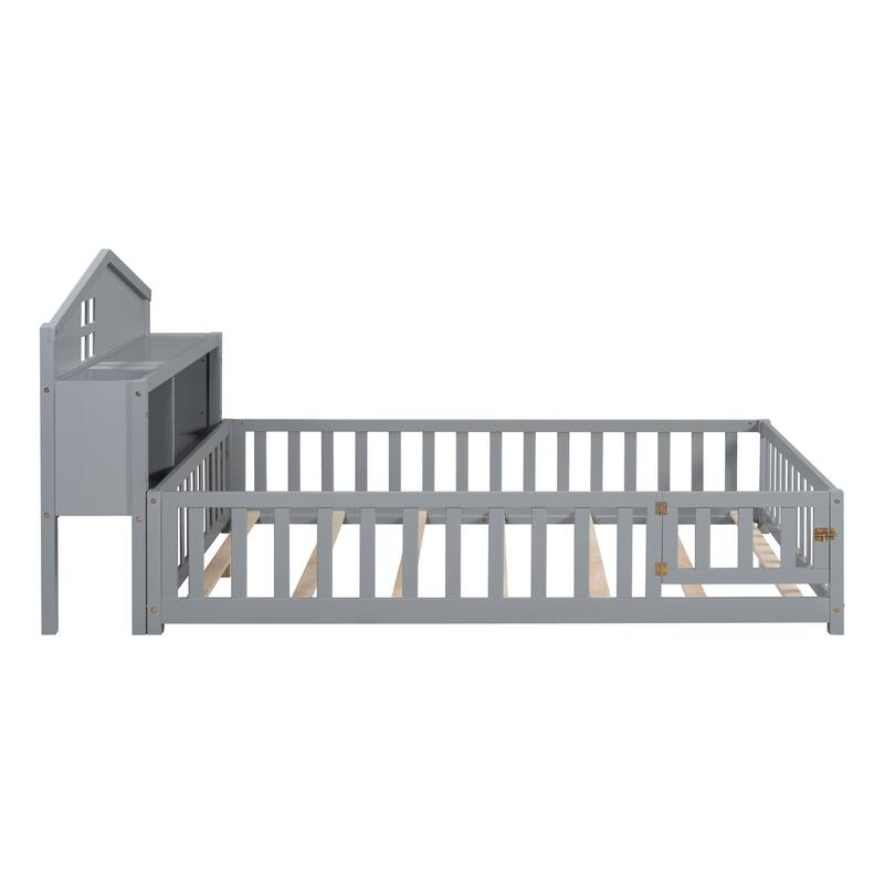 GDFStudio - Harper Full-Size Montessori Floor Bed with Storage Headboard and Blackboard
