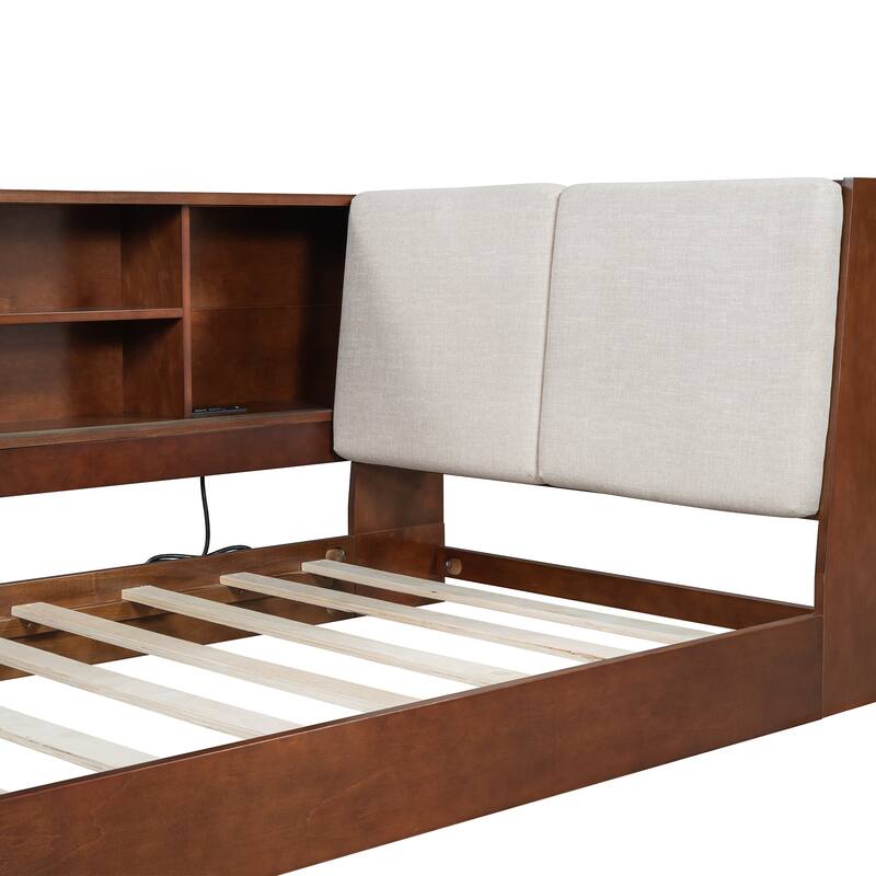 L-shaped Daybed Wooden Corner Sofa Bed Frame with Sliding Doors Bookcase Captains Bed, Upholstered Headboard Built-in Storage