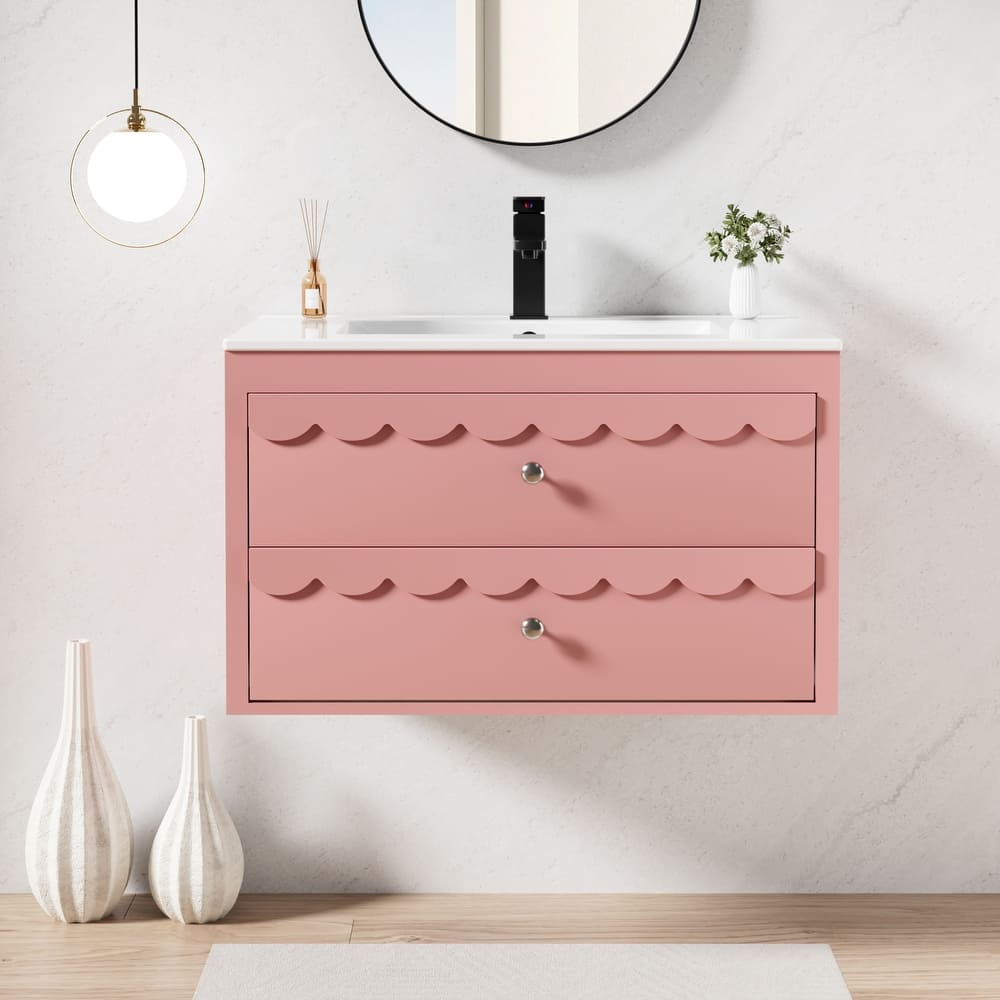 24"/30" Wall-Mounted Lace Trim Bathroom Vanity Floating Storage Cabinet