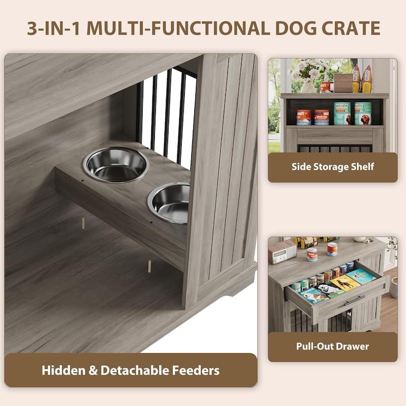 Heavy-Duty Dog Crate Furniture with Storage & Feeding Bowls