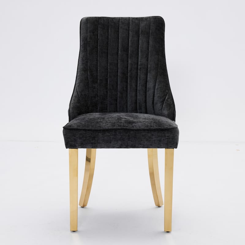 Beige Chenille Dining Chairs Comfy Fabric Upholstered Accent Chair w/ Stainless Steel Plating Legs - Set of 2