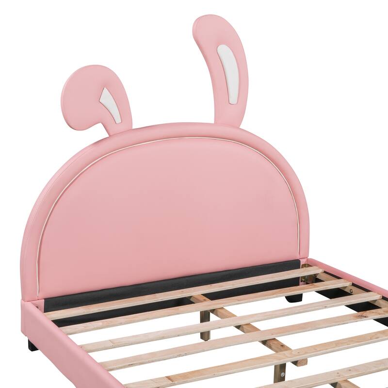 Adorable Twin/Full Upholstered Platform Bed with Rabbit Design, PU Leather, Sturdy Wood Frame, No Box Spring Needed