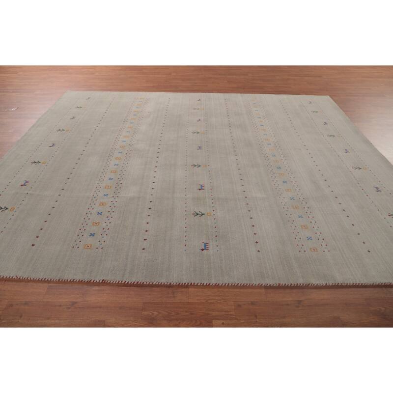 Tribal Gabbeh Area Rug Hand-Knotted Grey Wool Carpet - 7'11"x 9'7"