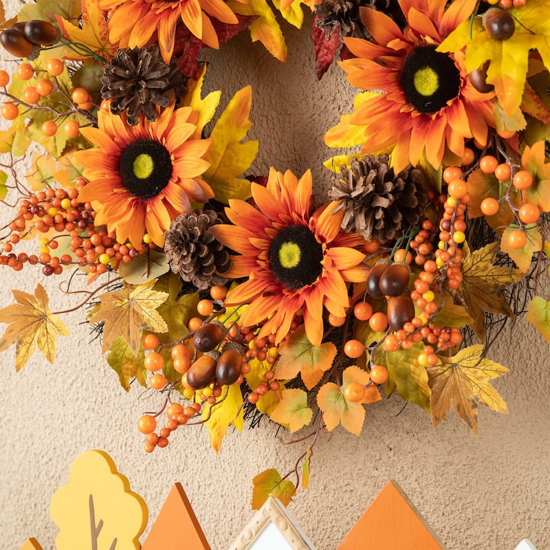 Glitzhome Fall Harvest Sunflower Maple Leaf Berry Garland Swag Wreath