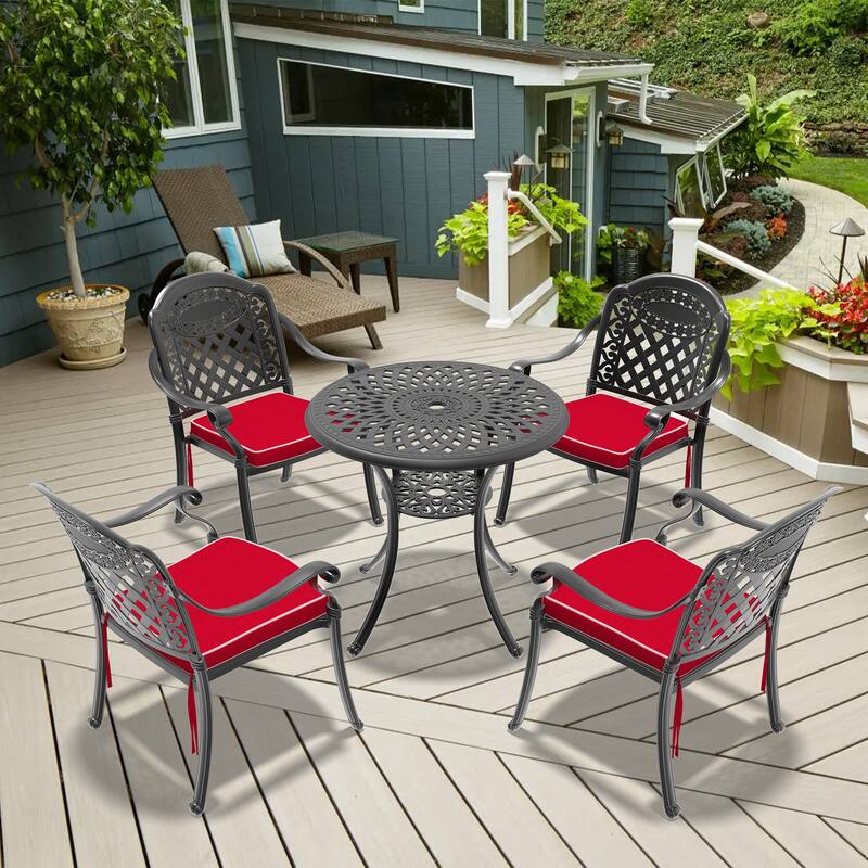 3/5-Piece Cast Aluminum Outdoor Dining Set with 30.71 in. Round Table and Random Color Cushions - Black( 5-Piece Sets-B)