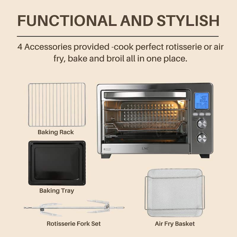 LNC 12-In-1 Large 34QT Countertop Toaster Oven Convection Rotisserie Air Fryer - 19.5" L x 15" W x 12.5" H