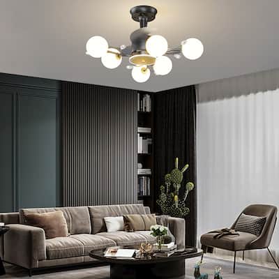 Ceiling Fan with Milky Glass Globe Shade, Modern Low Profile Reversible Fandelier for Bedroom