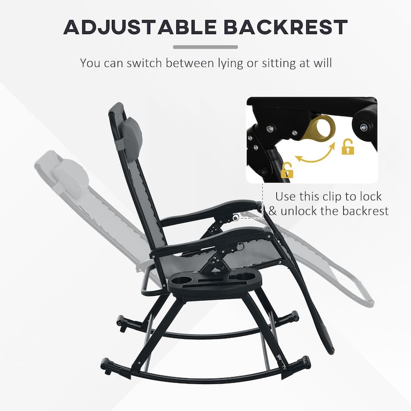 2 Pieces Outdoor Rocking Chairs, Foldable Reclining Zero Gravity Lounge Rocker with Pillow, Cup & Phone Holder,