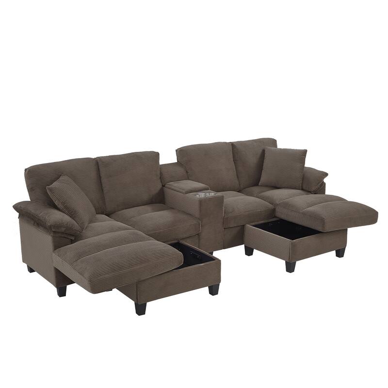 Roomfitters U-Shaped Sectional Sofa 116.9" Corduroy Upholstered Couch with Storage Ottomans, Cup Holders and USB Ports