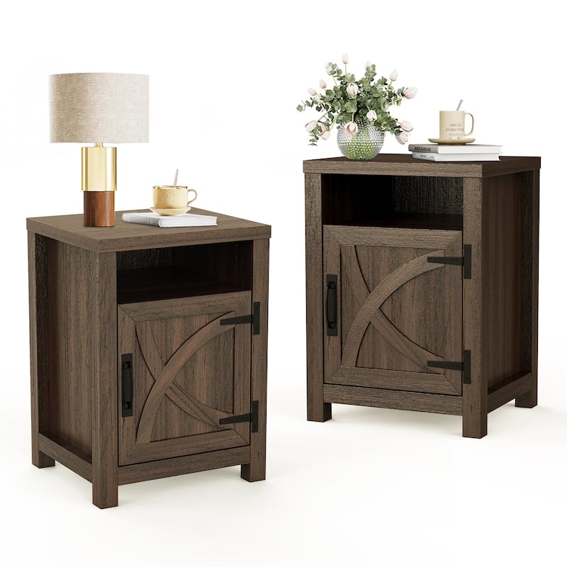 Farmhouse Brown Barn Door Nightstand Bedside Table Set of 2 with Open Compartment