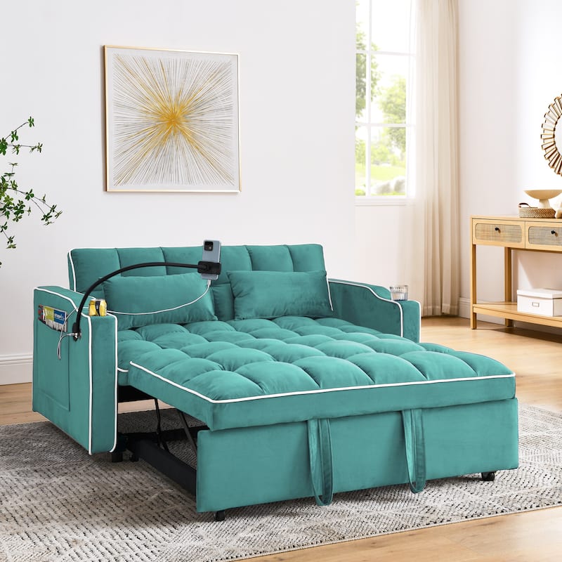 Small Folding Loveseat Sofa Bed with Adjustable Backrest, 55.5" Velvet Pull-Out Couch with USB Charging Port, Phone Holder - Antique blue green