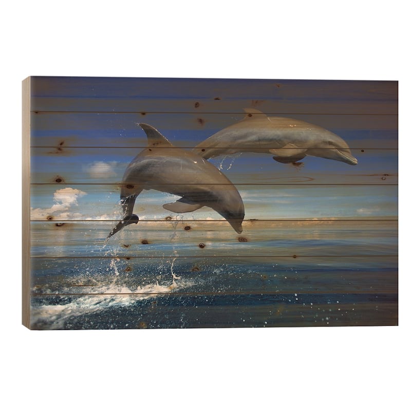 Bottlenose Dolphin Pair Jumping, Caribbean Print On Wood by Konrad Wothe - Multi-Color - 18x26x1.5