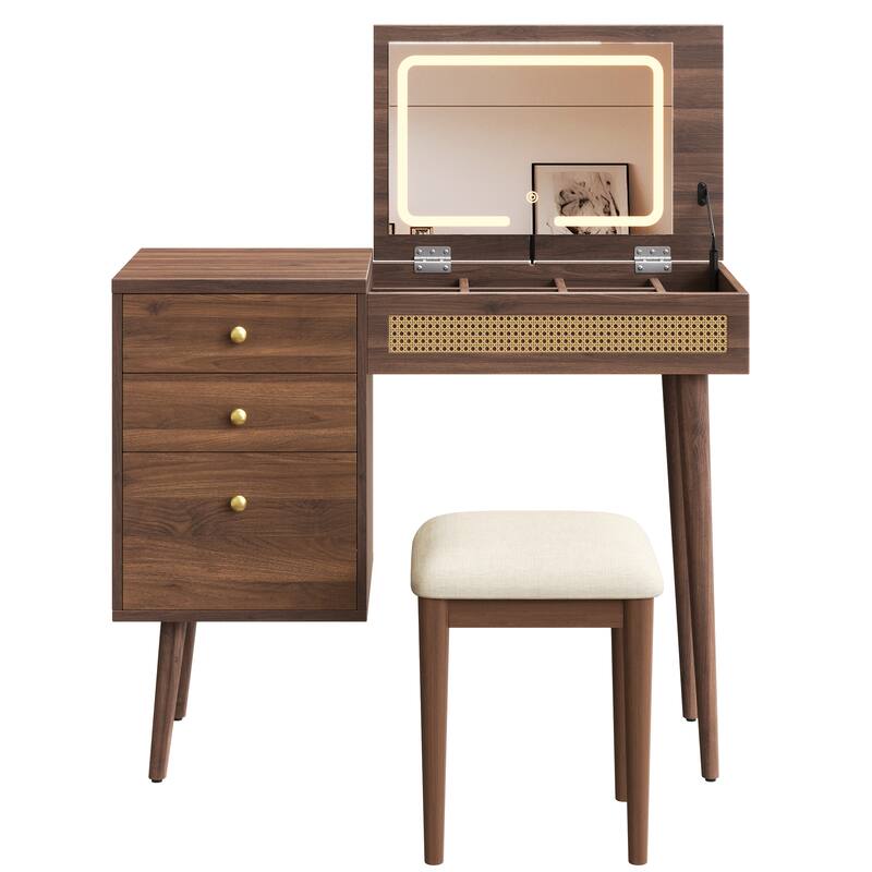 Merax Retro Rattan Flip-Top Vanity Desk with LED Mirror, 10-Compartment Storage & Cushioned Stool