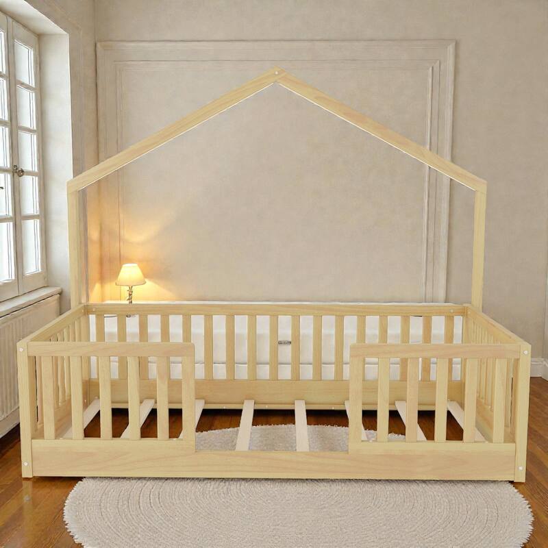 Wood Floor Bed with High Guardrails and LED Light, Montessori Style Low Profile Bed for Kids