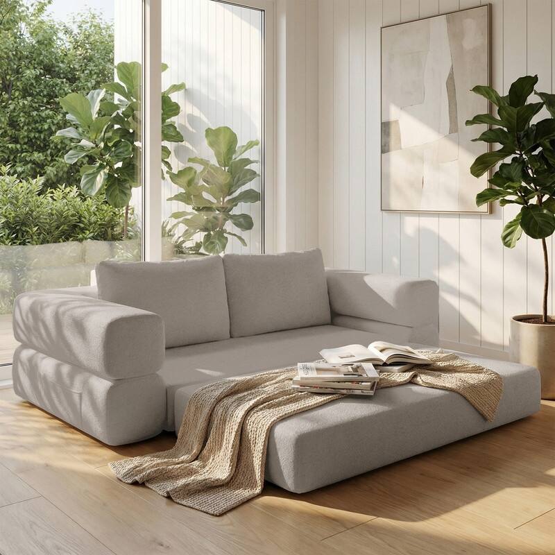 3-in-1 Convertible Chenille Folding Sleeper Sofa Bed, 75" Pull-Out Mattress Couch - 7'6" x 9'6" - Grey