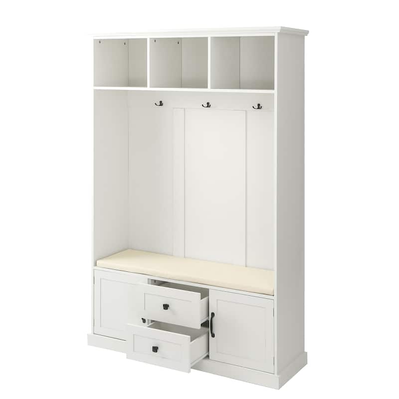 Multi-Functional Hall Tree with Coat Rack, Storage Bench, Shelves, and Drawers for Entryway Storage