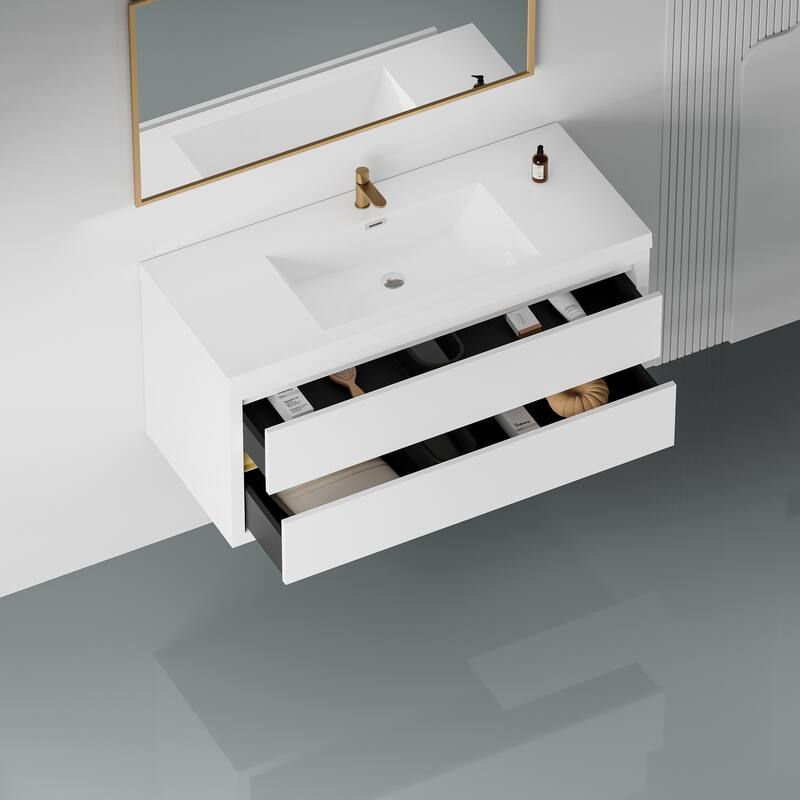GDFStudio - Maxwell Floating Bathroom Vanity with Stone Resin Countertop & Soft-Close Drawers