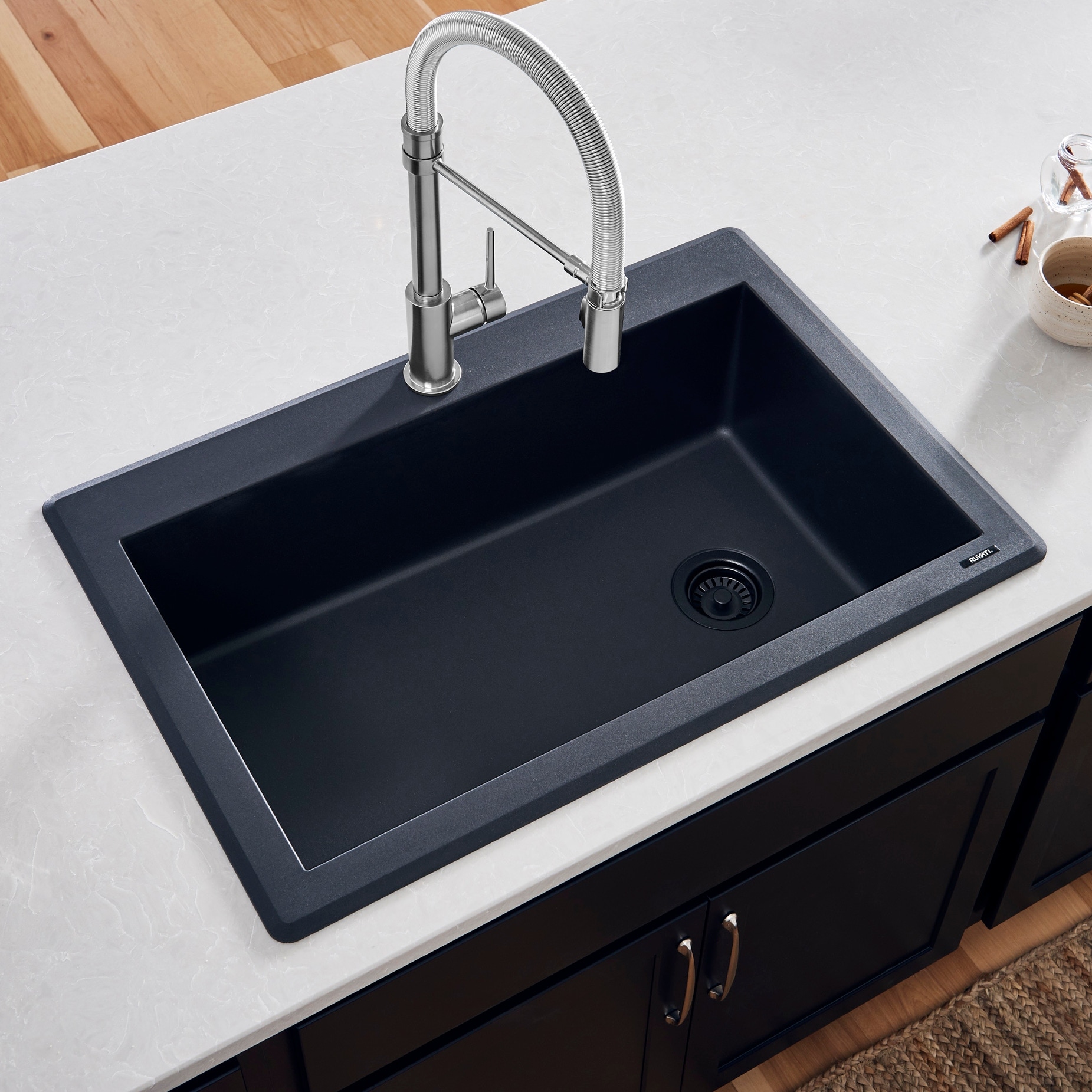 Ruvati 33 x 22 inch epiGranite Drop-in Topmount Granite Composite Quartz Single Bowl Kitchen Sink - Midnight Black - RVG1033BK
