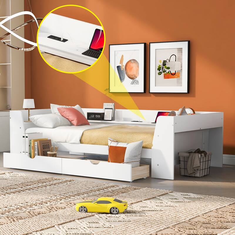 Modern Twin Daybed with USB Ports, Storage Drawers, and Shelving - White