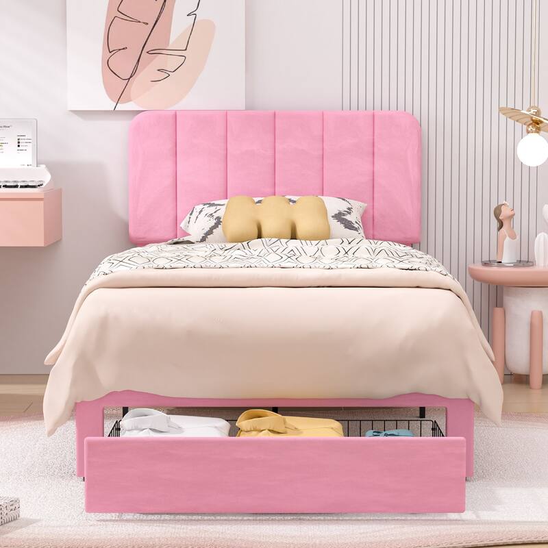 VECELO Bed Frame with 4 Storage Drawers Upholstered Platform Bedframe with Adjustable Headboard