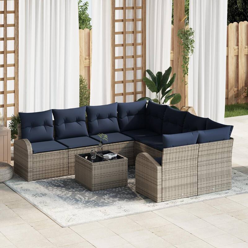 vidaXL 9 Garden Sofa Set with Cushions Black/Brown/Grey Poly Rattan - 92.1 x 92.1 x 27.2 - Grey
