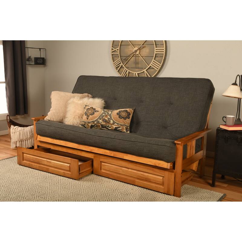 Somette Monterey Queen-size Storage Futon Set in Butternut Finish with Linen Mattress