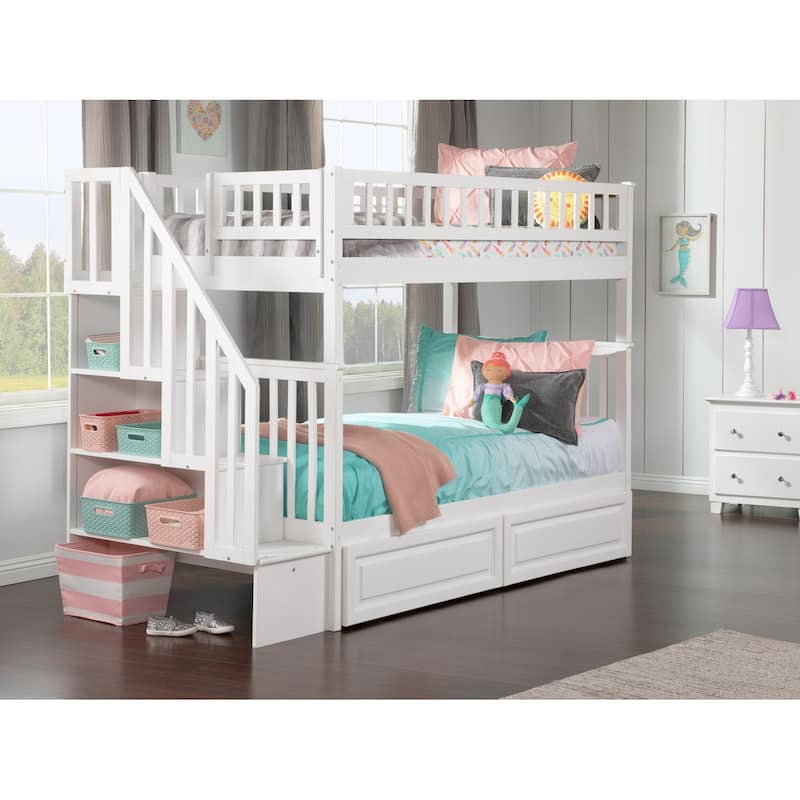 Woodland Staircase Bunk Bed Twin over Twin with 2 Drawers in White