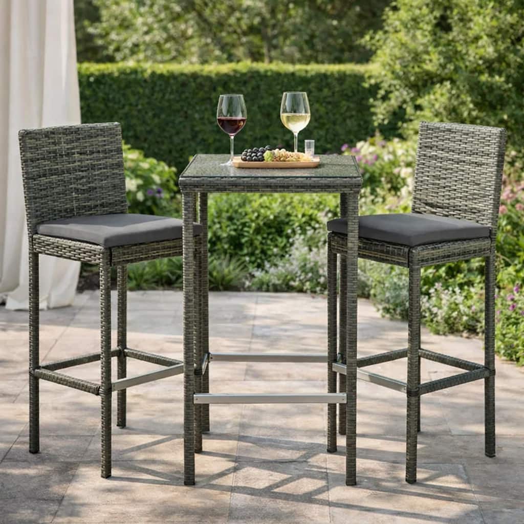 Outdoor Barstool Chair Set of 2, Gray Rattan, Black Fabric Cushions