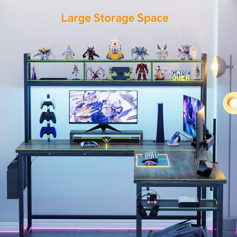 Reversible L-Shaped Desk with Storage Shelves and Hutch, Corner Desk with Charging Station and RGB LED Lights