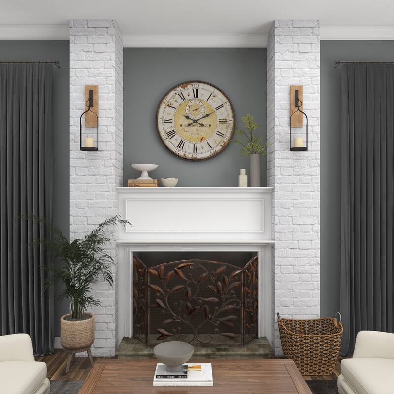 Brown Wood Wall Sconce with Suspended Black Metal and Glass Holder - 6 x 6 x 23