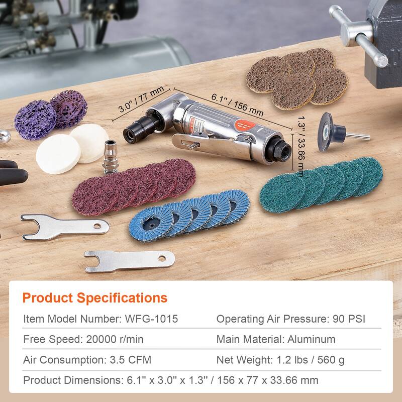 Air Die Grinder, 1/4" Right Angle Die Grinder 20000RPM, Lightweight, Ball Bearing Construction, 24PCS Discs for Grinding