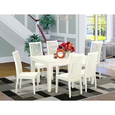 HomeStock 7-Piece Linen White Finish Solid Wood Top Dining Table with 6 Chairs with Lattice Back
