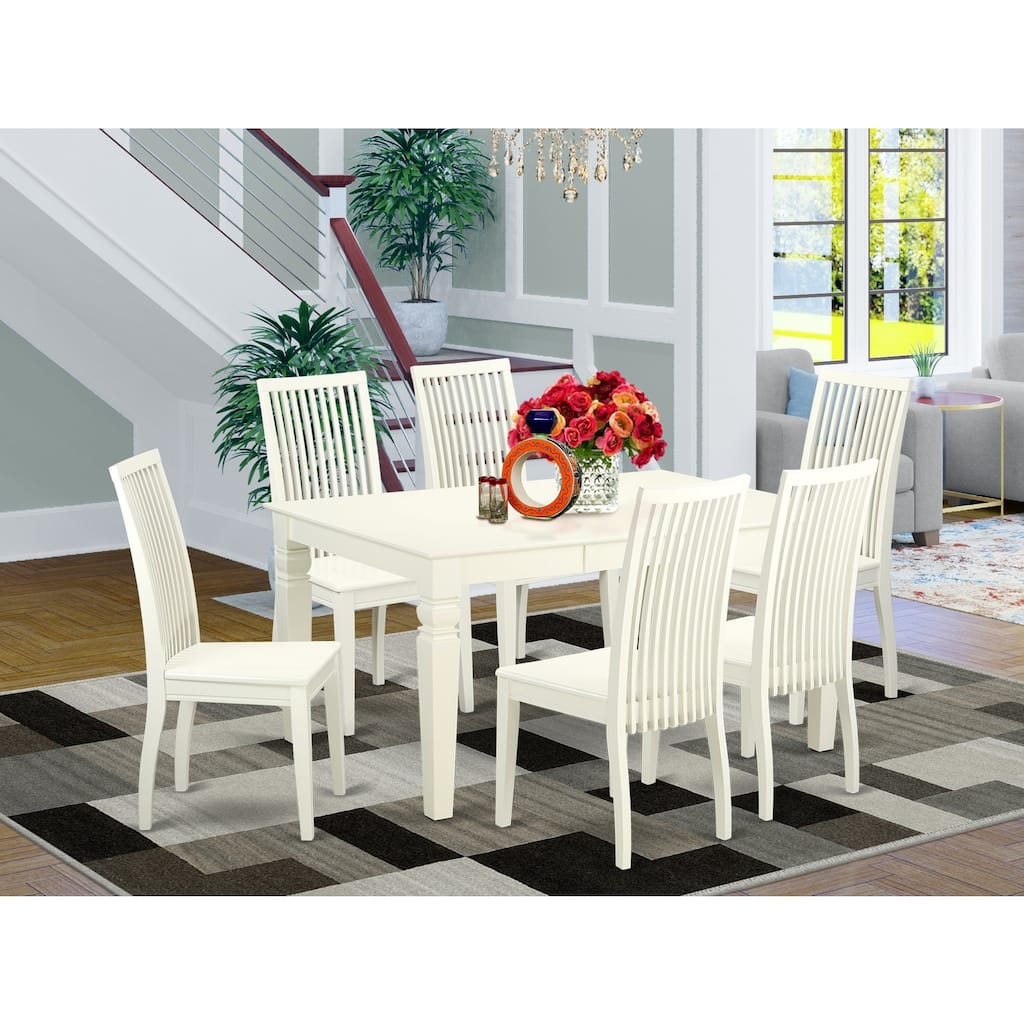 HomeStock 7-Piece Linen White Finish Solid Wood Top Dining Table with 6 Chairs with Lattice Back