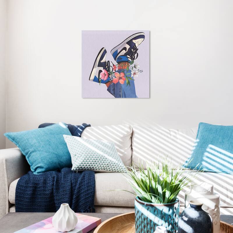 Wynwood Studio Fashion and Glam Jordans and flowers Blue and Modern & Contemporary Wall Art Canvas Print - 20 x 20