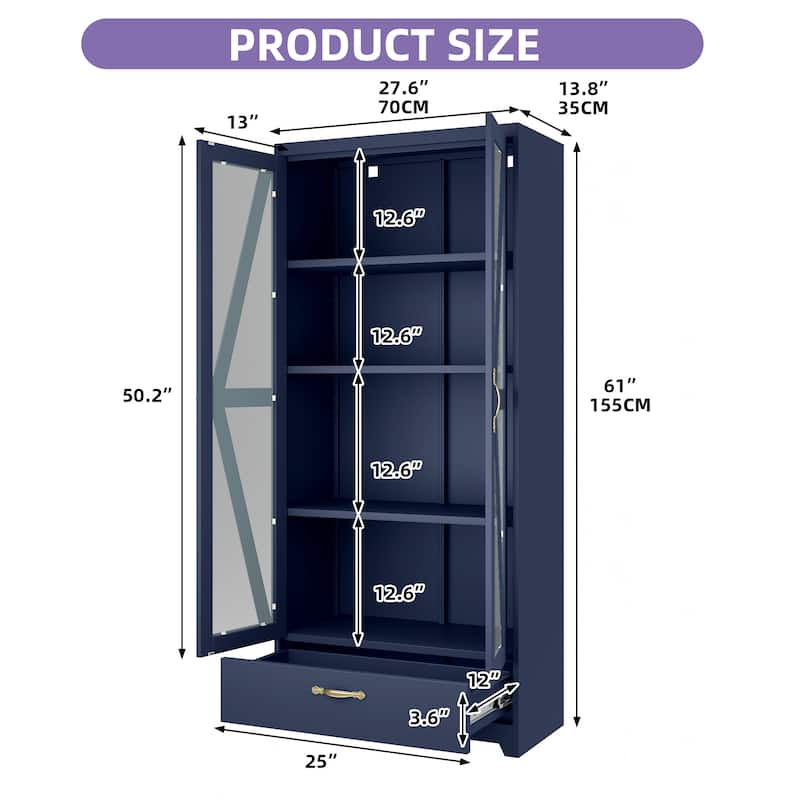 Moasis Metal Bookcase Display Cabinet with Adjustable Shelves & Drawer