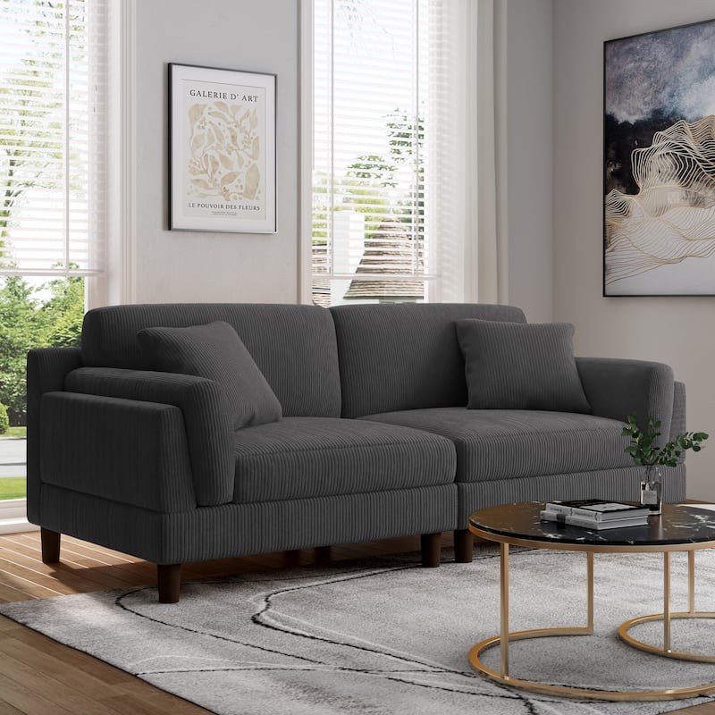 90" Corduroy Sectional Sofa Lounge Sleeper Sofa - Grey Set&2 Pillows