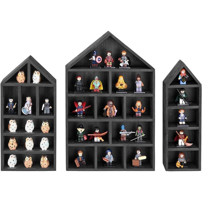 House-Shaped Wooden Shadow Cubby Display Shelf, Set of 3 - Black