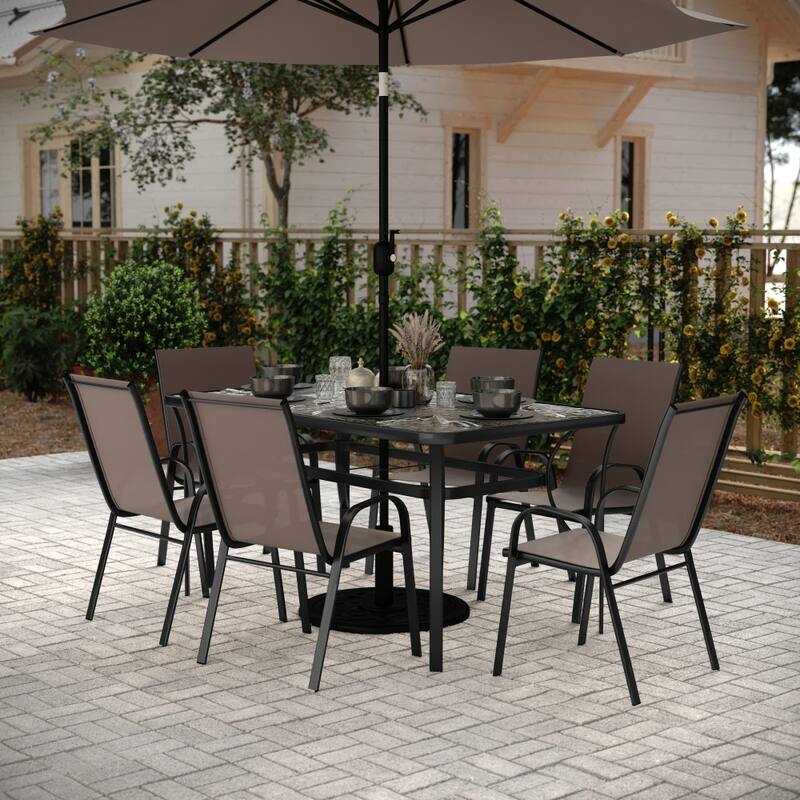 Commercial 7 Pc Outdoor Patio Dining Set with Glass Table and 6 Chairs - Brown